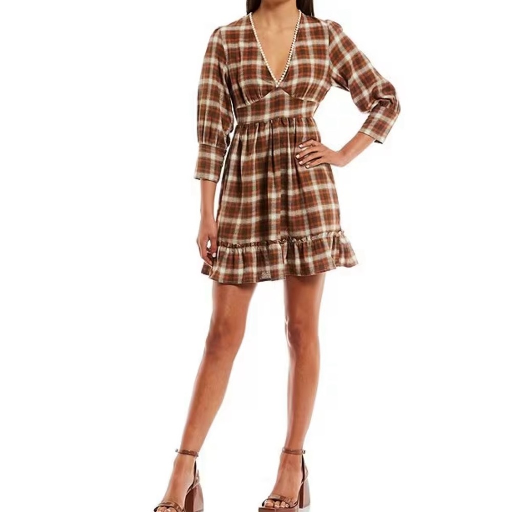 Coco and Jaimeson  Plaid V neck 3/4 length sleeve ruffle hem dress